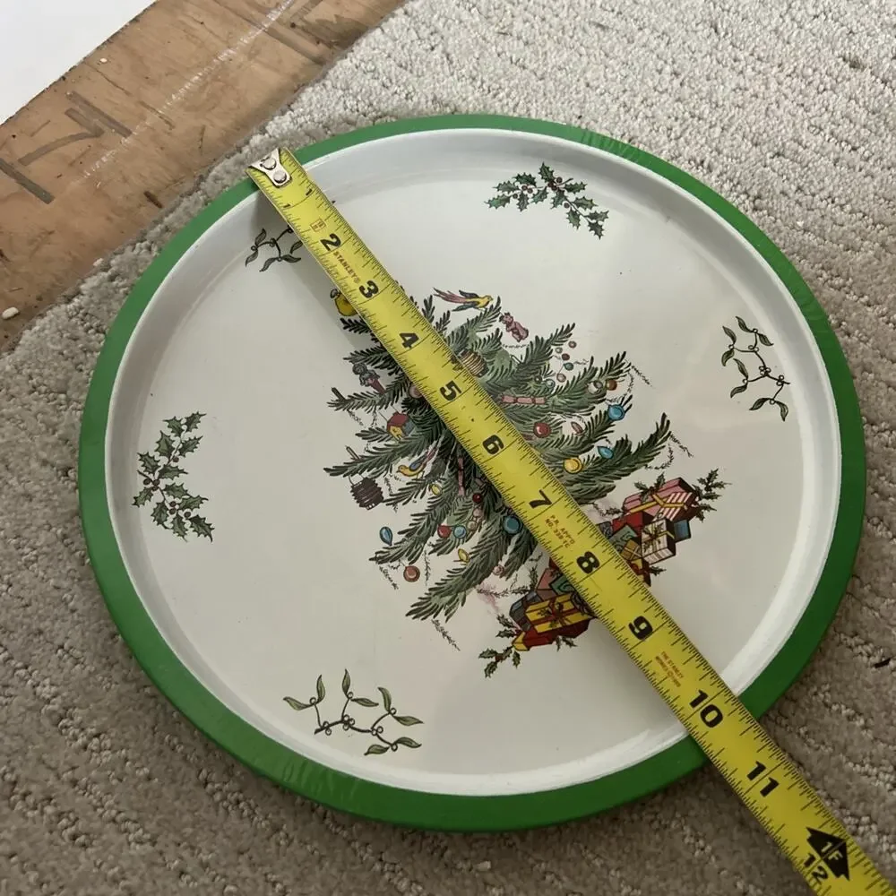 Vtg Round Xmas Metal Tin Litho Serving Tray 10.5” Christmas Tree